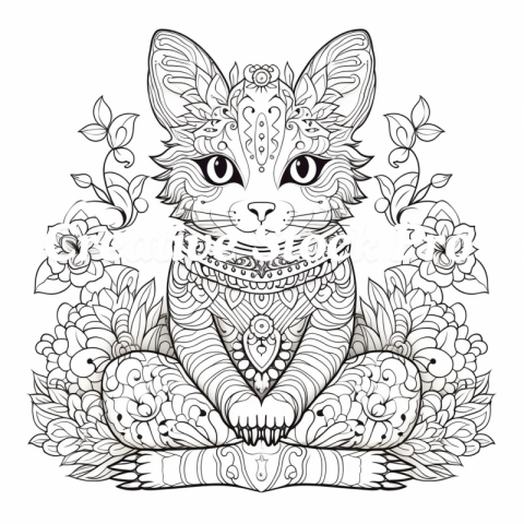 Free Cat with Balloons Coloring Page for Kids