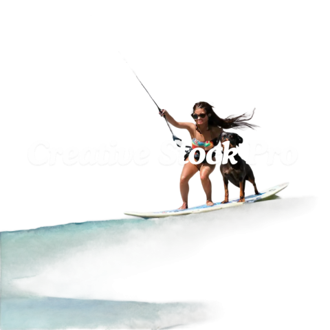 Cute Girl Kitesurfing with Dachshund Dog on Surfboard PNG Image Joyful Watersports Adventure