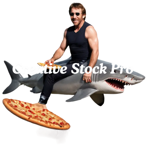 Chuck Norris Riding a Shark While Eating a Pizza Dynamic PNG Image Concept