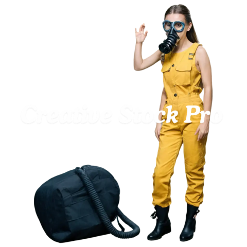 Female in Yellow Overall and Gas Mask PNG Image Cinematic Artwork for Creative Projects