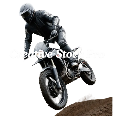 High Detail PNG Image of an OffRoad Motorbiker Ramping Through Air with Visible Wheel Spokes