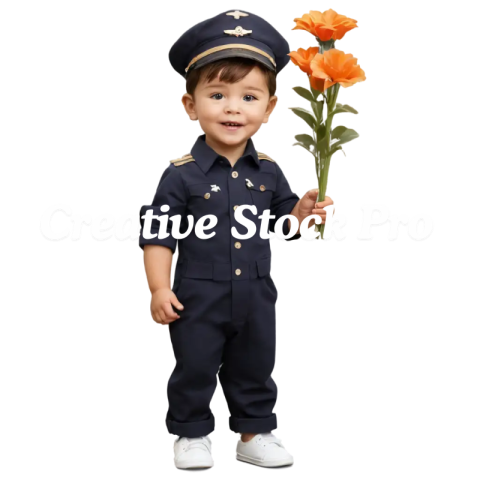 PNG Image of 1 Year Old Baby Boy in Pilot Dress Holding Flower Pot