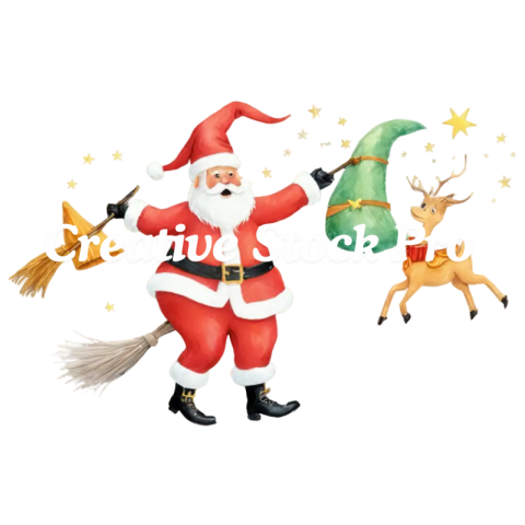 Whimsical PNG Image of Santa Claus Riding an Enchanted Broomstick